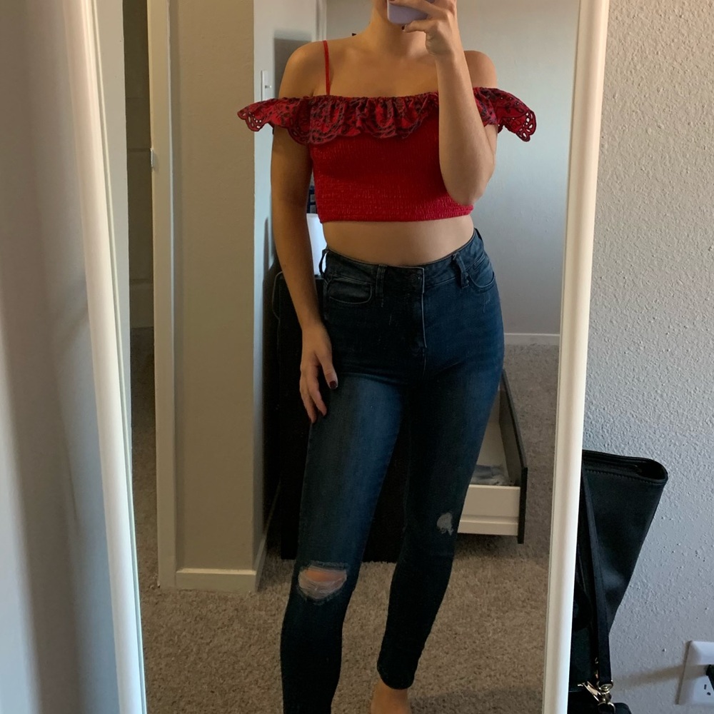 Red embroidered crop top
